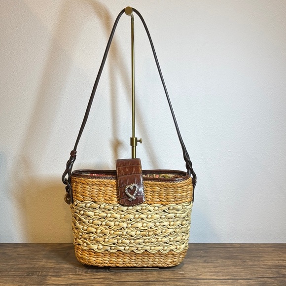 Brighton Handbags - Brighton Ruth Straw Satchel Handbag Purse Shoulder Strap Heart Magnetic Snap